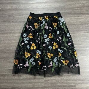 Floral Embroidered Black A Line Skirt